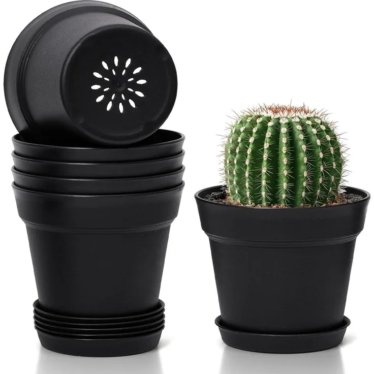 T4U 12,5cm Plastik Blumentopf Set Schwarz mit Untersetzer, 6er-Set Sukkulenten