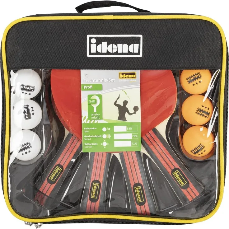 Idena 12-teiliges Tischtennis-Set mit 4 Tischtennisschlägern und 8 Bällen in Weiß und Orange in 3-Stern Qualität, verpackt in einer Tragetasche