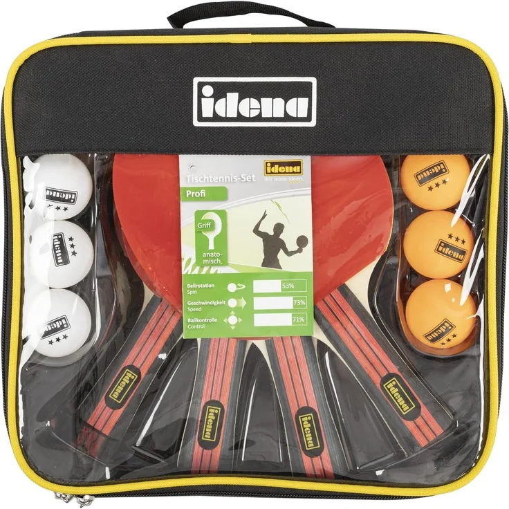 Idena 12-teiliges Tischtennis-Set mit 4 Tischtennisschlägern und 8 Bällen in Weiß und Orange in 3-Stern Qualität, verpackt in einer Tragetasche – Bild 1