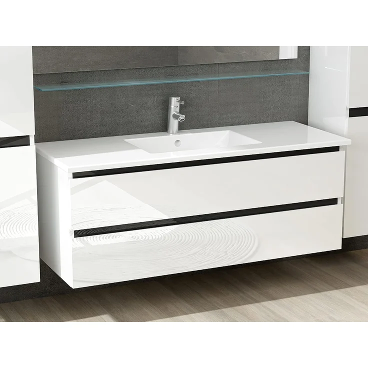 Homeline Badmöbel Set Hochglanz mit Schubladen Glas ablage (Dennis Weiss, 120 cm Einzelbecken 2X Hochschrank) – Bild 3