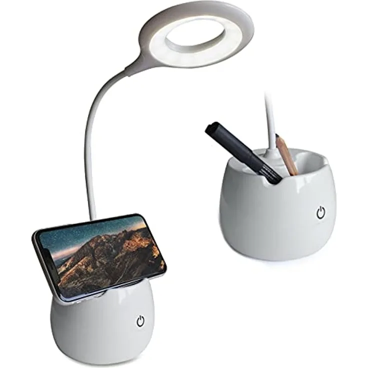 EAXUS LED Schreibtischlampe Touch USB Tischleuchte mit Stiftehalter und Handyhalter, 3 Helligkeitsstufen, flexibel verstellbar, LED fest integriert, kaltweiß, Stromversorgung über USB oder 3x AA-Batterien
