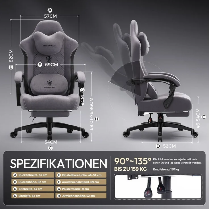 Dowinx Gaming-Stuhl Bürostuhl mit Beheizter Massage Lendenwirbelstütze (Packung), Gamer Stuhl Stoff mit Tasche Frühling Kissen und Fußstütze – Bild 2