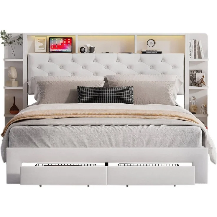 FUROKOY Stauraumbett Weiß Polsterbett Doppelbett mit 2 Schubladen (Set, 1-tlg, Stauraum Kopfteil), Funktionsbett, Samtstoff, Ohne Matratze, 160x200cm – Bild 5
