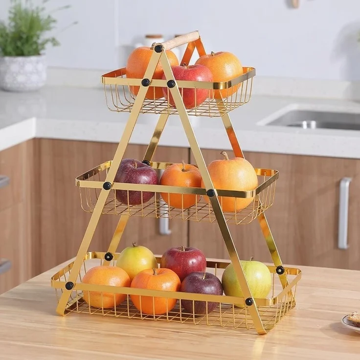 3-stöckige Etagere mit Griff, Obstkorb in Gold - Tragbar & Platzsparend – Bild 4