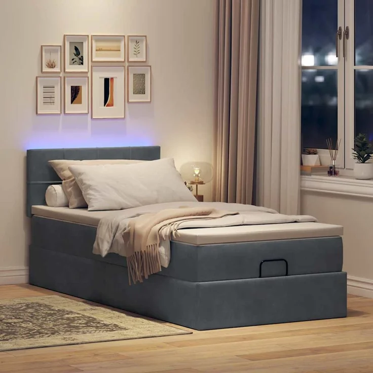 vidaXL Ottoman-Bett mit Matratze & LEDs Dunkelgrau 100x200 cm Samt 3312603 – Bild 3