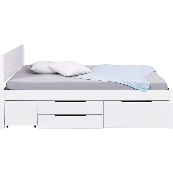Inter Link - Bett mit Schubladen - Doppelbett 140x200 cm – Kojenbett mit Stauraum – Kiefer massivholz – 2 Schubladen und 1 Schubkasten – Inkl Lattenrost – Weiß lackiert – Efetivo 140x200 cm – Bild 2