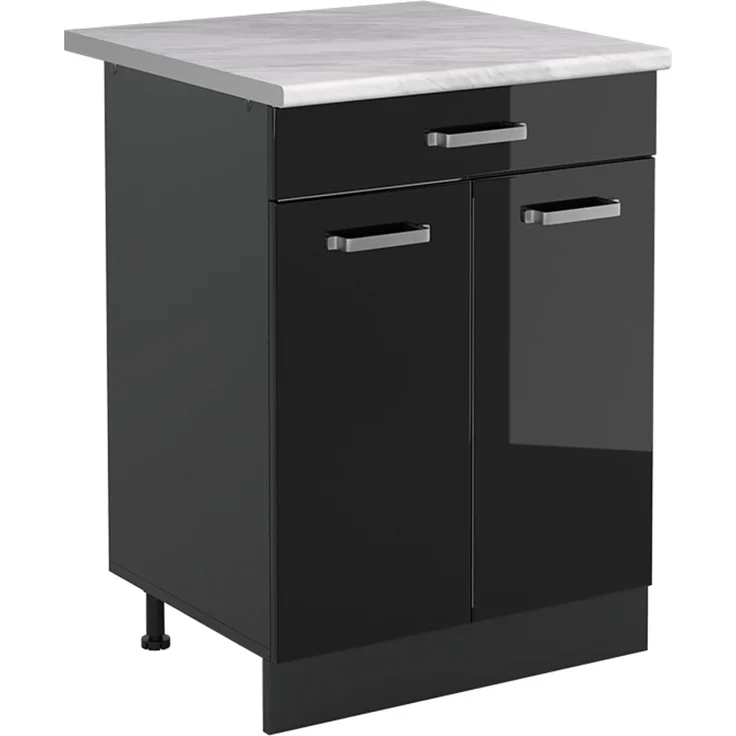 Küchenunterschrank R-Line Schwarz Hochglanz/Anthrazit 60 cm mit Schublade Arbeitsplatte Marmor Vicco – Bild 1