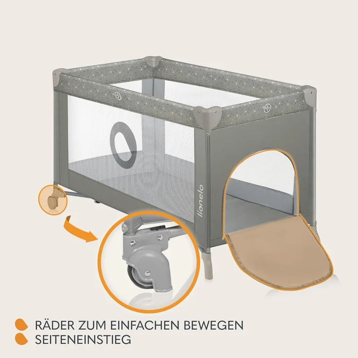 Lionelo Stefi Baby Kinderbett, Reisebett ab Geburt bis 15 kg, Seiteneingang, Sicherungssystem LockGuard, Blockade der Räder, Tragetasche, zusammenklappbar – Bild 4
