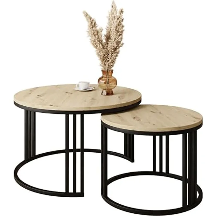 Lookway Couchtisch Lori Loft, Rund, Hellbraun, 2-in-1 Design, 70x48x70 cm, Metallgestell