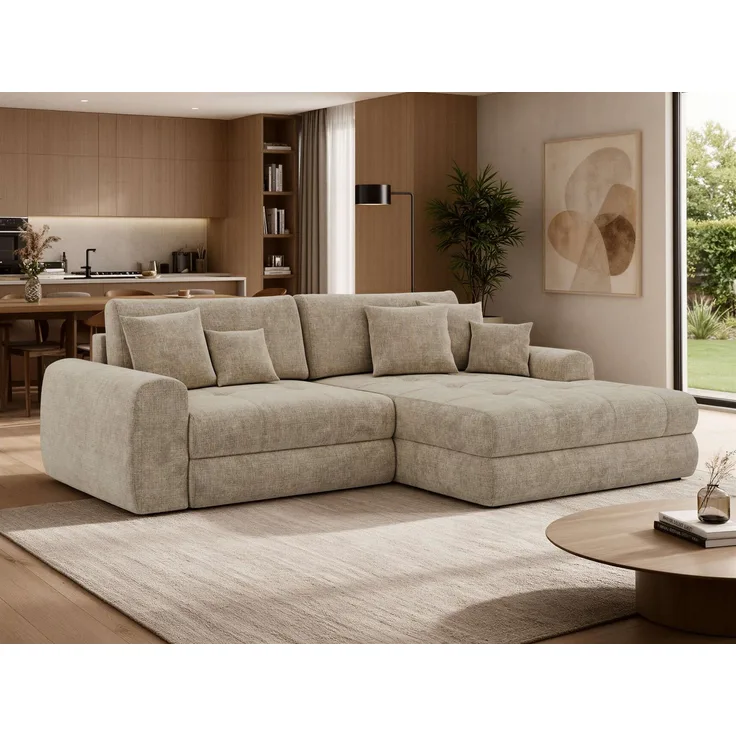 Sofa L-Form ARELIA L mit Schlaffunktion, Wohnzimmer Sofa, Wellenfederung, Sofa mit DL-System - Schenille grob gewebt Beige - Links