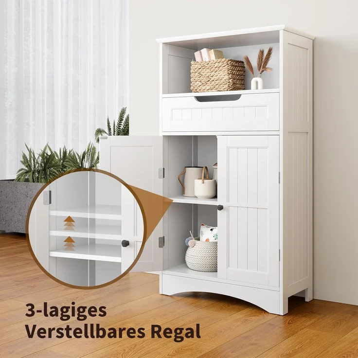 Bealife Badezimmerschrank, Badezimmer-Aufbewahrungsschränke mit großer Schublade, 2 Türen mit verstellbaren Regalen für Badezimmer, Wohnzimmer, Schlafzimmer, 108 x 60 x 30 cm, Weiß – Bild 6
