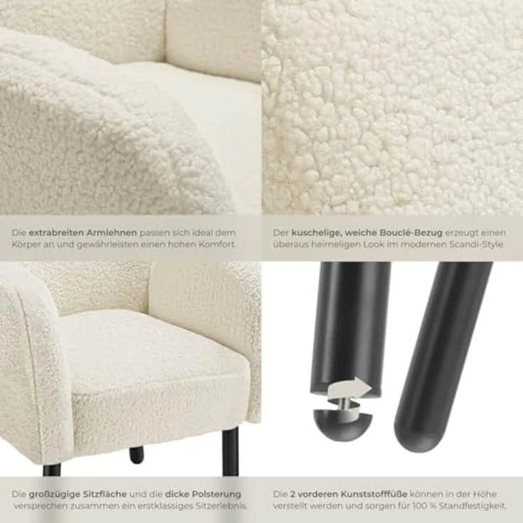 tectake Relaxsessel Polstersessel mit Bouclé-Bezug, Belastbarkeit 120 kg, 72 x 71 x 92 (Fernsehsessel Vänersborg, in Creme), breite Armlehnen, ergonomisch, Stahlbeine, höhenverstellbar – Bild 6