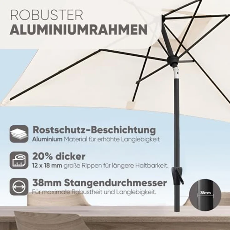 Sekey Sonnenschirm mit Kurbel und UV50+, knickbar, Aluminium creme, 210 × 140 cm – Bild 5