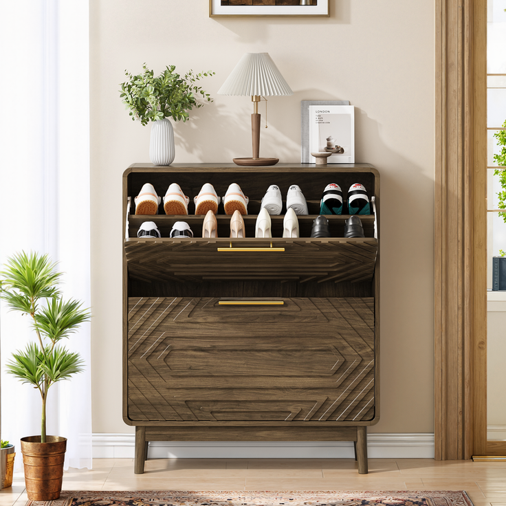 DESVIAE Garderobenschrank Schuhschrank Walnuss aus MDF –95 x 80 x 24 cm, 2 Kippfächer, offene Ablage