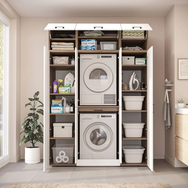 Roomart Waschmaschinenschrank - DORA-I- 160 cm breit - Wasch- & Trocknerschrank mit 2 Hochschränken, Türen & Ausziehbrett, Waschmaschinen-Überbau für Waschküche & Hauswirtschaftsraum • Weiß-Eiche – Bild 5