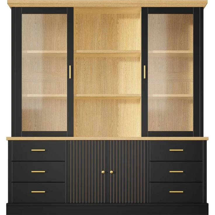 Küchenschrank 140 x 40 x 185 cm aus MDF, schwarz, mit Glastüren und 6 Schubladen – Bild 10
