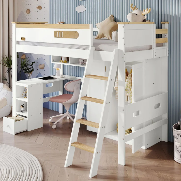 Etagenbett Kinderbett 90x200 mit Fallschutzgitter, Schreibtisch, Kleiderschrank, offene Regale – Bild 3