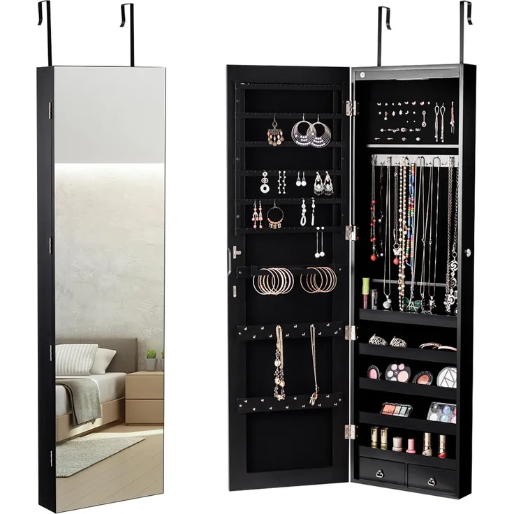 COSTWAY Schmuckschrank mit LED Beleuchtung, Schmuckregal haengend mit Spiegel, abschliessbar mit Schlüsseln, 120 cm hoch, schwarz