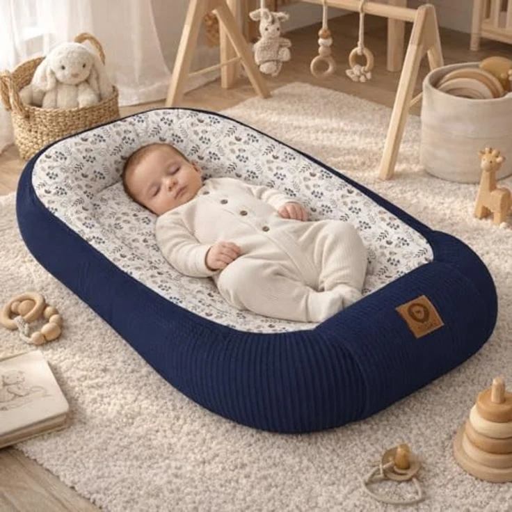 Babynestchen Neugeborene – Nestchen Baby aus Waffel Baumwolle & Baumwollstoff – Babynest für Babybett & Kinderbett – Baby Kokon Tragbar – OEKO-TEX – Zubehör für Babybett - Zweige und Marine – Bild 2