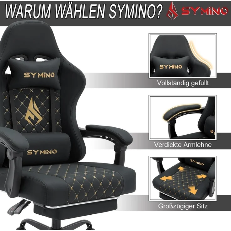 Symino Racing Gamer Stuhl mit Lendenwirbelstütze und Fußstütze, Stabil, Schwarz – Bild 7