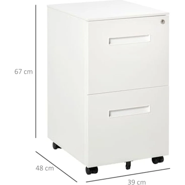 Vinsetto Rollcontainer Aktenschrank mit 2 Schubladen Abschließbarer Rollschrank, (Druckschrank, 1 St, Büroschrank), Stahl 39 x 48 x 67 cm Weiß – Bild 3