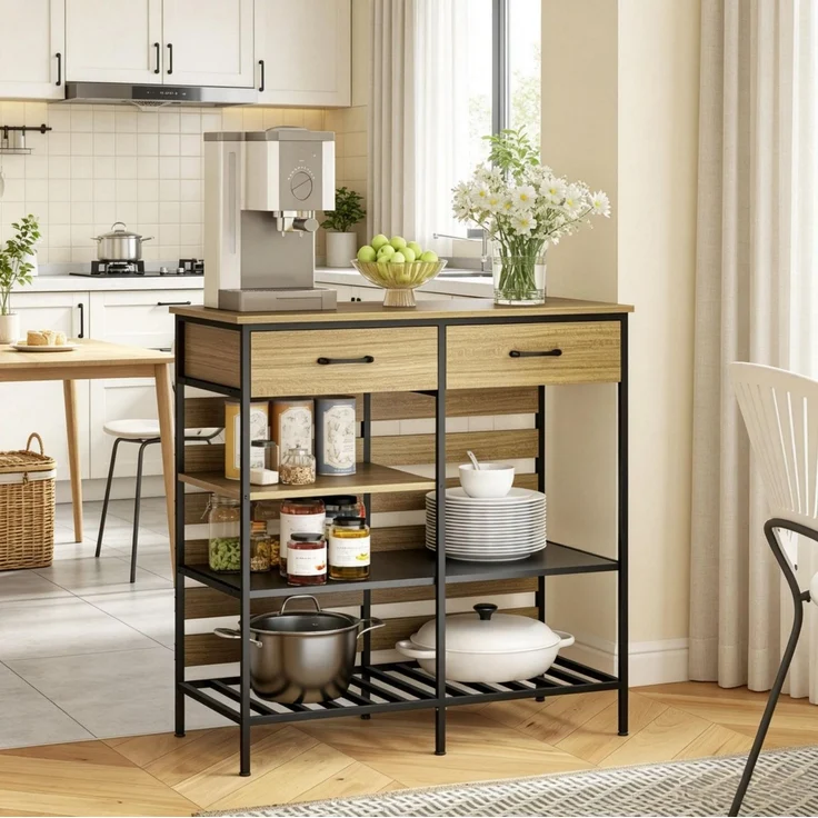 Küchenbuffet 90x40x91 cm mit 2 Schubladen und 3 offenen Ablagen – Natur und Schwarz – Bild 1