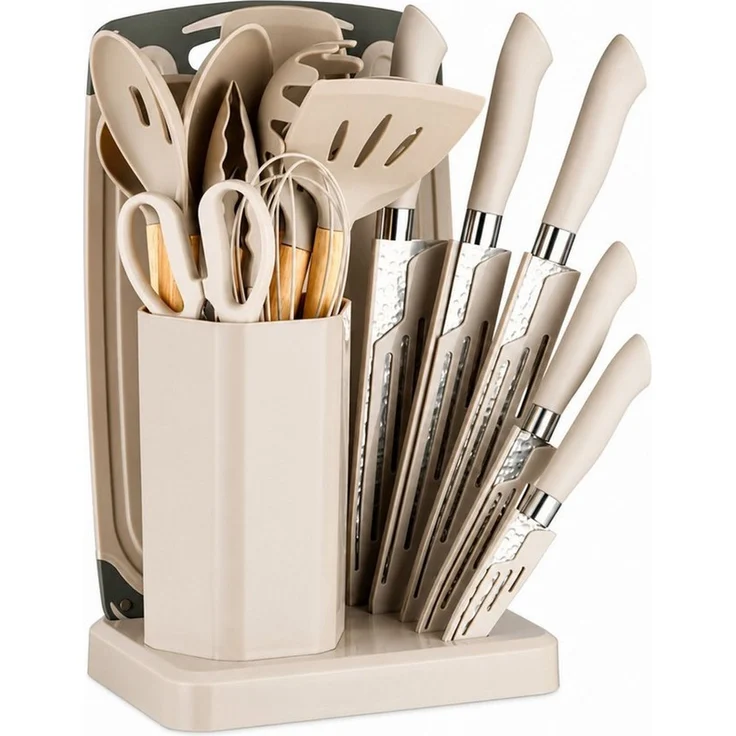Diyarts Kochbesteck-Set (für beschichtete Pfannen, inklusive Kochmesser, Beige 23-teilig, Grün, Weiß und Schwarz je 20-teilig), Schonende Silikon-Küchenhelfer mit Holzgriffen & Messer im Set – Bild 2