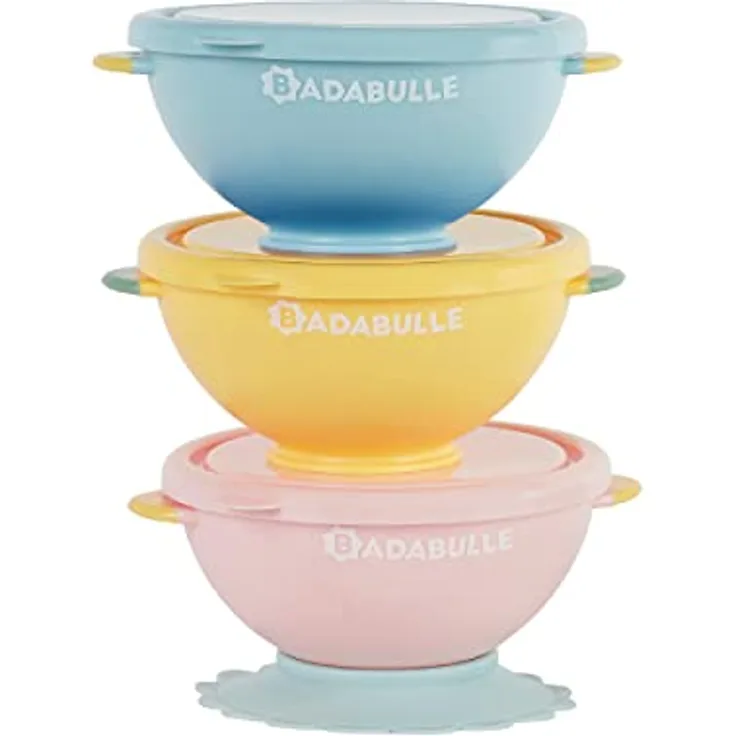 Badabulle Breischale 3er Pack mit Deckel & Saugnapf, 300 ml, BPA-frei, stapelbar, in verschiedenen Farben