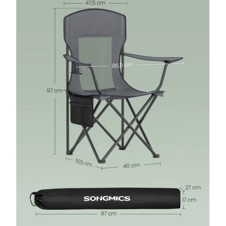 SONGMICS Campingstuhl 2er Set, Klappstuhl Outdoor, Angelstuhl, hohe Rückenlehne, verstellbare Armlehnen, Getränkehalter, klappbar, bis 150 kg belastbar, Camping Garten, schiefergrau GCBDE028G01 – Bild 5