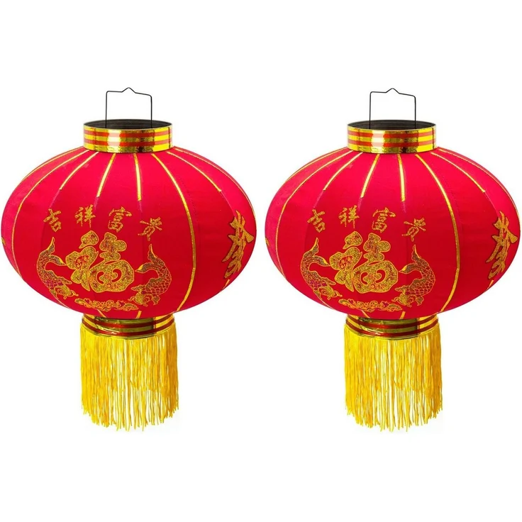 TRANGO Lampion, 2er Pack LT400-02 chinesische Laterne *LUCK* Pendelleuchte, 40cm Durchmesser aus Stoff mit Glück Zeichen für Innen & Außen I Rote Laterne I Glück Laterne I Chinese New Year Lantern, Rote Lampion Leuchte, Hochzeit Laterne, Party Laterne – Bild 1
