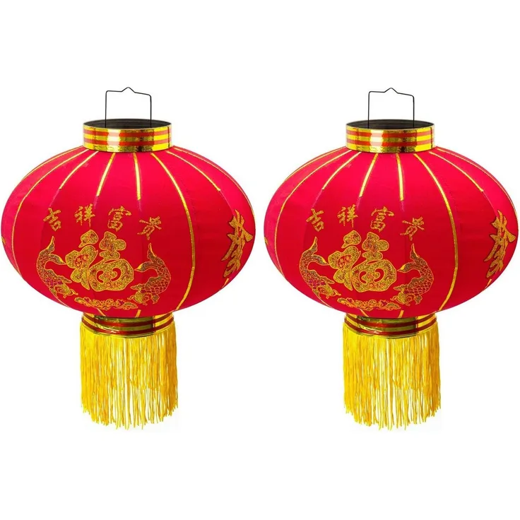 TRANGO Lampion, 2er Pack LT400-02 chinesische Laterne *LUCK* Pendelleuchte, 40cm Durchmesser aus Stoff mit Glück Zeichen für Innen & Außen I Rote Laterne I Glück Laterne I Chinese New Year Lantern, Rote Lampion Leuchte, Hochzeit Laterne, Party Laterne