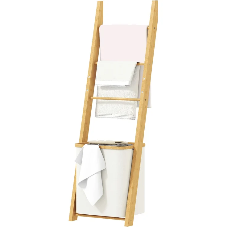 MELAYR, Badregal, 2-in-1 Badezimmerregal mit 3 Stangen, abnehmbarer 48L-Wäschekorb, Bambus, 43 x 35 x 133 cm, Cremeweiß – Bild 2