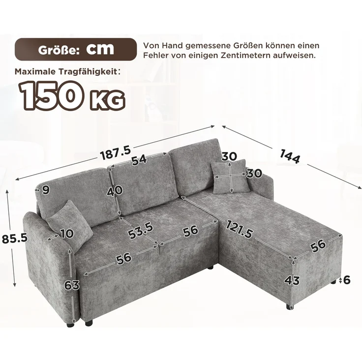 EINHOM L-Form Ecksofa 3-Sitzer mit langer Liegefläche (144 cm), hochwertiger Chenille-Bezug, hoher Sitzkomfort durch Hochdichteschaum, bis 150 kg Tragkraft inklusive 2 Kissen für Wohnung & Studentenwohnheim – Bild 4