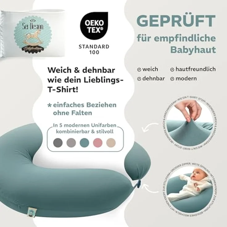 sei Design Stillkissenbezug 190×30 cm – Premium Jersey Ersatzbezug für Stillkissen XXL – weich, elastisch & pflegeleicht – mit Tasche & XXL-Reißverschluss – Oeko-TEX – Sand | Rosa | Grau | Mint – Bild 2