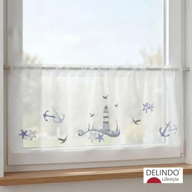 Delindo Lifestyle Scheibengardine Leuchtturm maritim, 45x115 cm (1 St), Stangendurchzug, halbtransparent, glattes Gewebe, leicht aufzuhängen per Stangendurchzug – Bild 2