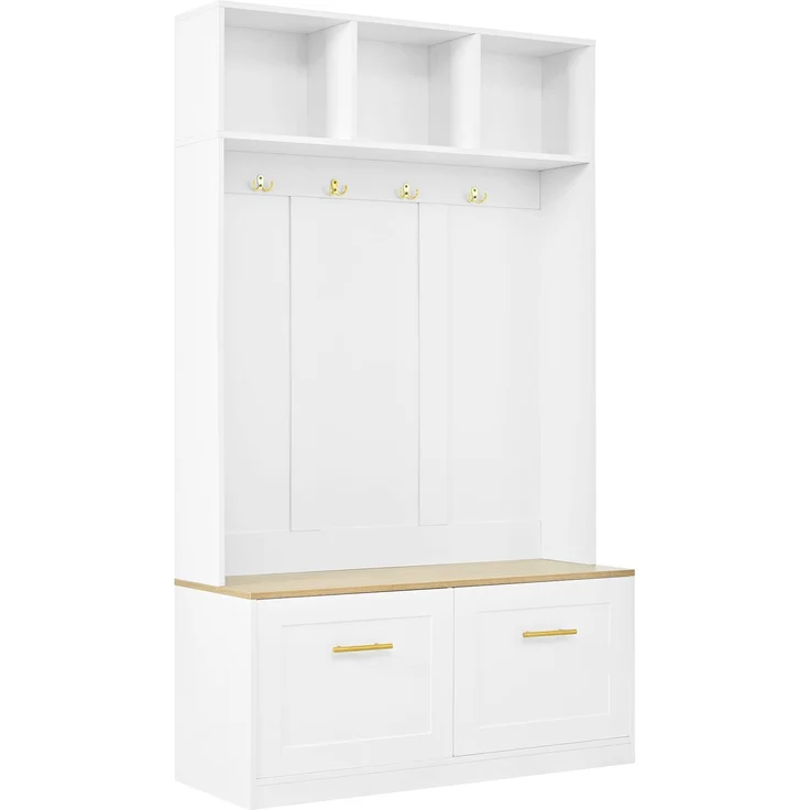 Garderobenset mit Sitzbank, offenem Stauraum und 2 Türen – Kompaktgarderobe mit 4 Haken, in Natur & Weiß, Maße 105 × 40 × 180 cm--Natur + Weiß--105x40x180cm--YOUDENOVA – Bild 9