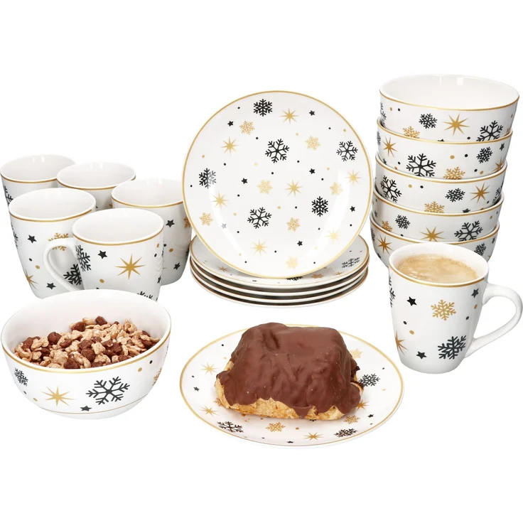 18tlg Frühstücksset Stars schwarz gold Steingut 6 Personen Teller Schale Becher – Bild 1