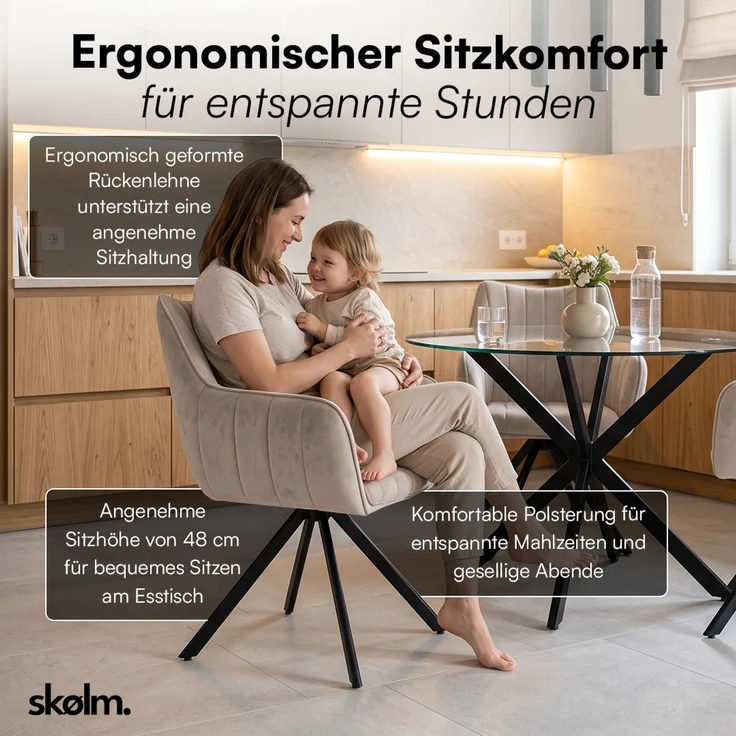 skølm 'Gymir' Esszimmerstühle, 2er Set, macchiato, gepolsterter Leinenbezug mit Kanalsteppung, drehbar & höhenverstellbar, Polsterstühle mit Armlehnen, bis 150 kg belastbar – Bild 6