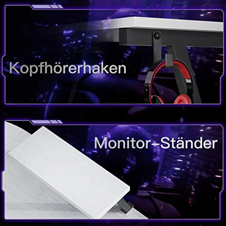 ODK Gaming Tisch, Computertisch, Gaming Schreibtisch mit runder Ecke, Gaming-Tisch mit Monitorablage (Weiß, 167x120 cm) – Bild 7