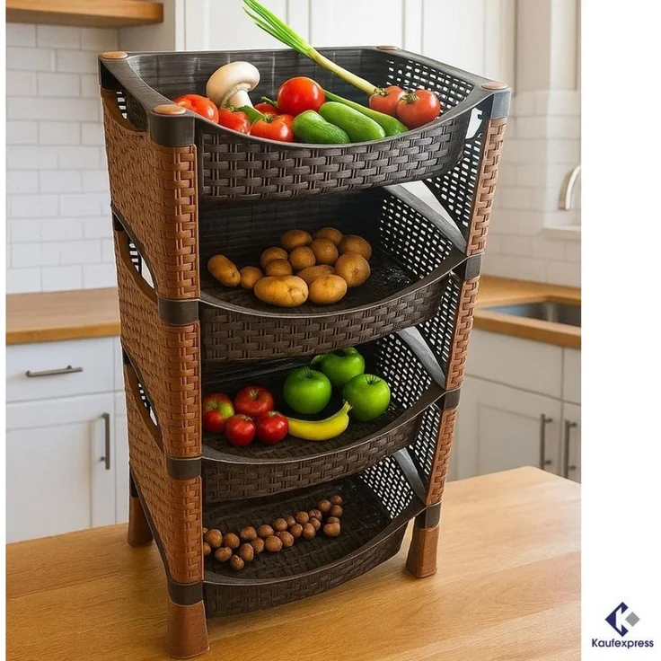 Kaufexpress GmbH Küchenregal Küchenregal mit 4 Etagen aus Kunststoff in Rattan-Optik, Aufbewahrung im stilvollen Rattan-Design – Bild 4