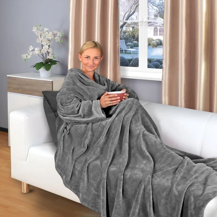Wohndecke Kuscheldecke Arm (V), Gräfenstayn, warme Ärmeldecke - TV Decke zum Anziehen - 200x150 cm grau – Bild 1