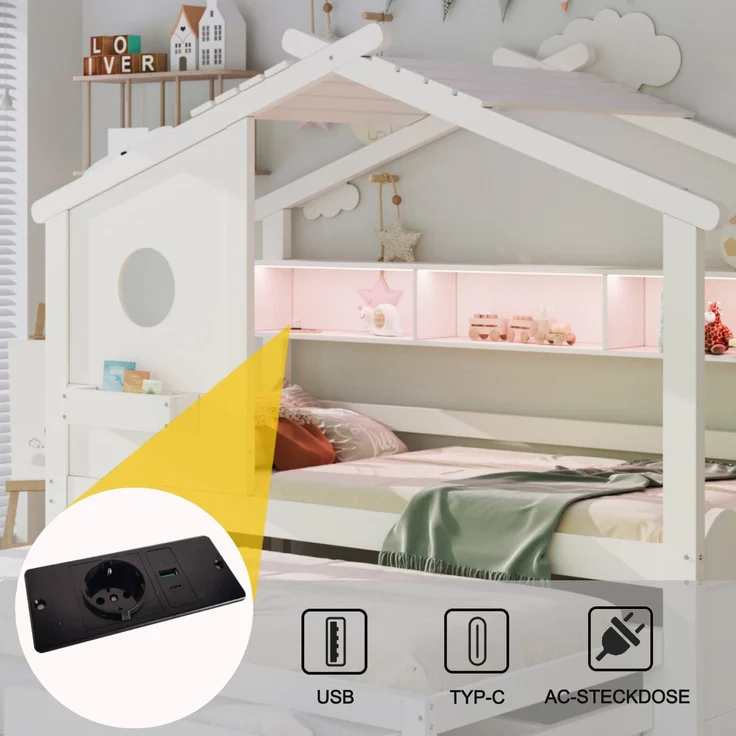 Merax Kinderbett, Jugendbett, 90x200cm, mit Ausziehbett 90x190cm, mit 2 Schubladen, mit USB- und Typ-C-Ladeanschlüssen und LED, mit Einlegeböden, Weiß – Bild 5