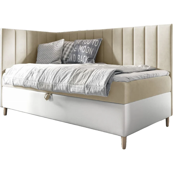 MEBLINI Kinderbett mit Bettkasten MAYA 3 90x200 Links - H3/Beige Samt Gepolstert Einzelbett mit Matratze - Polsterbett mit Stauraum - Bett mit Kopfteil – Stauraumbett – Bild 1