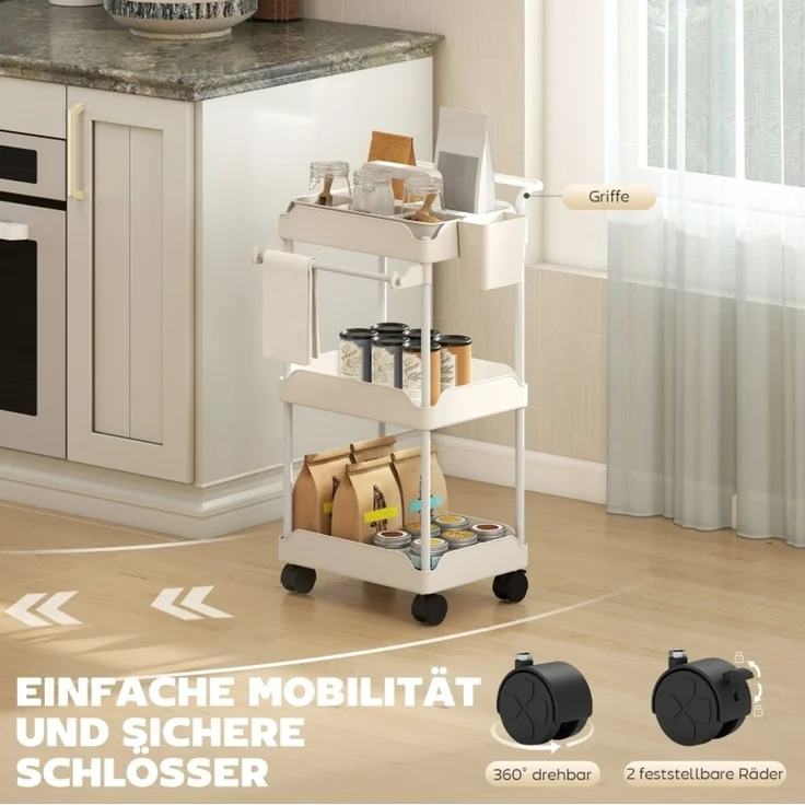 Küchenrollwagen mit 3 Körben, Handtuchhalter und Rollen, 42x42,5x76 cm, Weiß – Bild 7