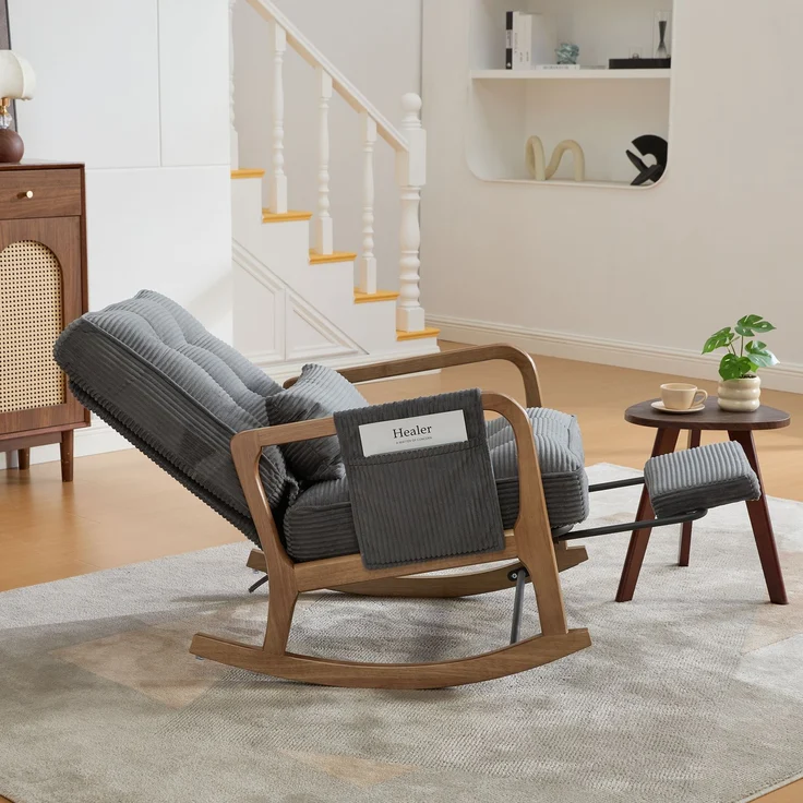 LVHOM Schaukelstuhl mit ausziehbarer Fußstütze, Relaxsessel mit verstellbare Rückenlehne, Loungesessel mit Seitentasche, bis 150 kg belastbar, Grau – Bild 9