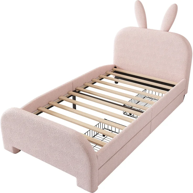 Kinderbett 90x200 Rosa mit Kaninchen-Kopfteil und 2 Schubladen,Gepolstertes Bett aus Lammwolle und MDF, Cartoon Bunny Design – Bild 8