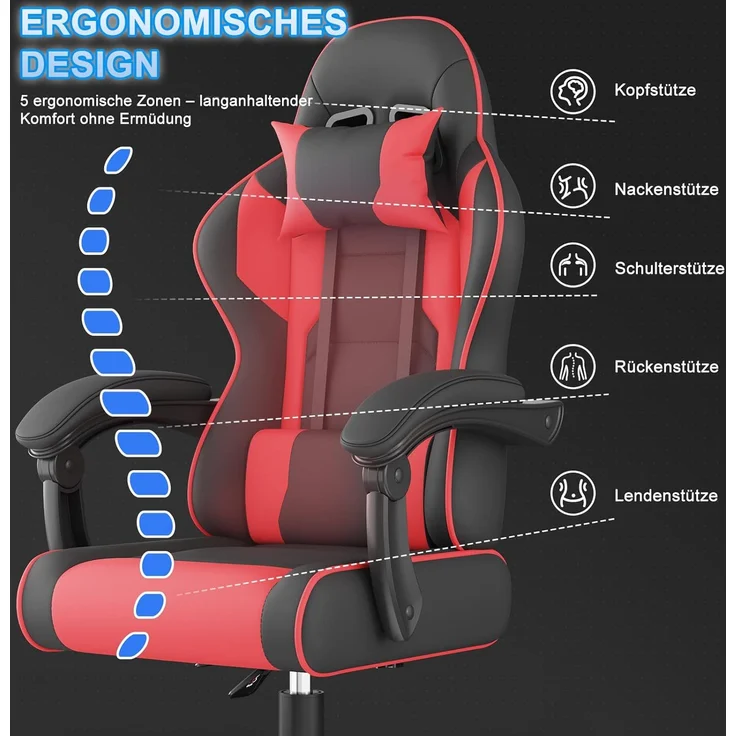 Devoko Gaming Stuhl mit Massagefunktion, Bürostuhl Ergonomisch mit Verstellbarer Ruckenlehne (90-135), Schreibtischstuhl mit Bewegliche Armlehne, max 150kg, rot – Bild 8