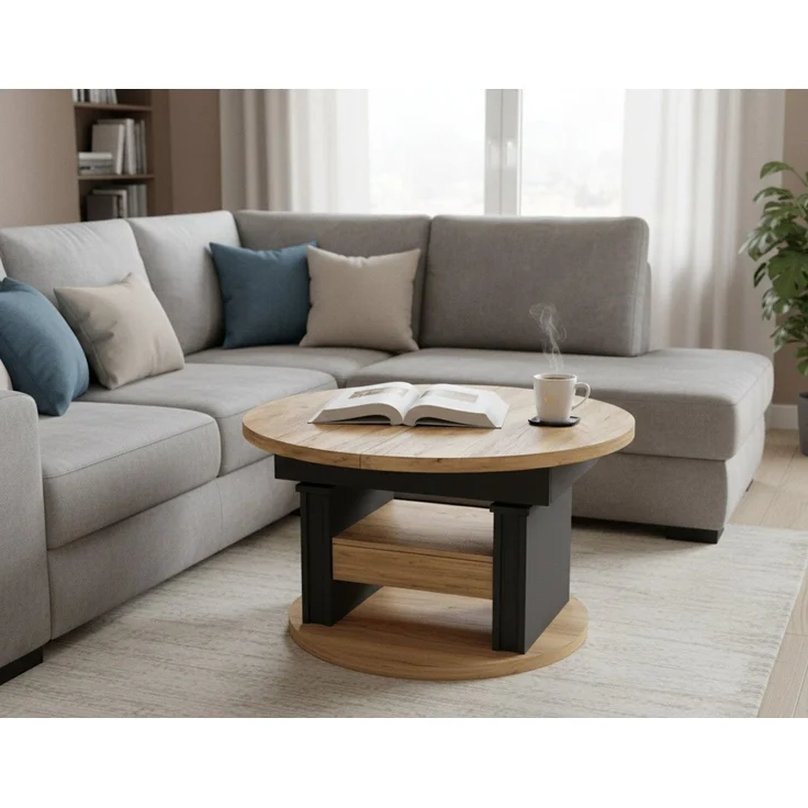 designimpex Couchtisch DA-999 rund ausziehbar höhenverstellbar mit Schublade Wohnzimmer Tisch, Funktionstisch, Wohnzimmertisch, Tisch, Esstisch, Sofatisch, Rollen – Bild 1