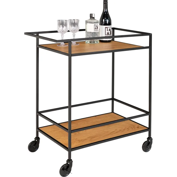 House Nordic Barwagen mit 2 Einlegeböden, Eichenoptik, Gestell schwarz, 68x40x79 cm