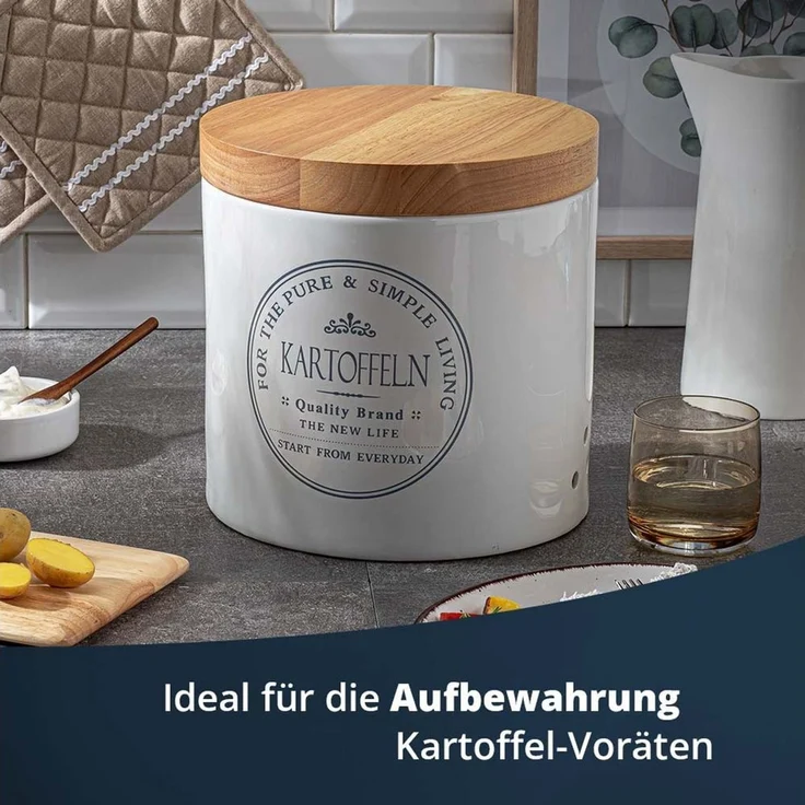 KHG Kartoffeltopf Keramik Steingut Weiß Holzdeckel Bambus, Kartoffel Aufbewahrung, Kapazität 10 Liter, Kartoffelbehälter rund, atmungsaktive Luftlöchern & Beschriftung, spülmaschinengeeignet – Bild 2